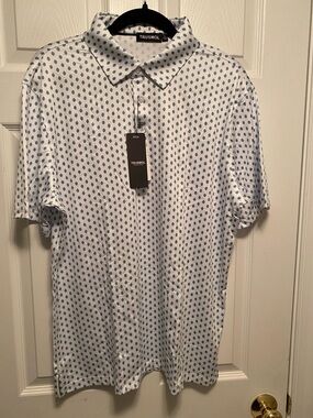 TruSmol Men’s White Green Abstract Polo Shirt…size L